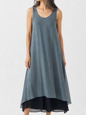 100% Silk Sleeveless Midi Dress Size 4/6 Petite Minimalist Layered Hem Lagenlook